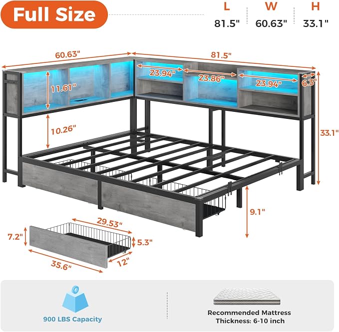 DICTAC Corner Full Bed Frame with Bookcase Storage and Led Lights Metal Platform Bed Frame with 2 Drawers & Charging Station Full Size Daybed with Storage for Living Room,Bedroom,Guest Room,Oak Gray