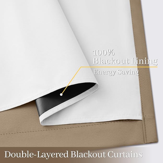 Yakamok Khaki Blackout Curtains 84 Inches Long for Bedroom 50" Wide 2 Panel | Blackout Curtain Panels for Bedroom, 2 Thick Layers Grommet Top Thermal Insulated Drapes with White Back for Living Room