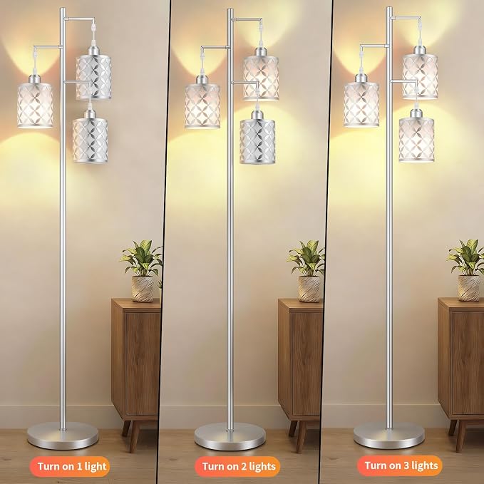 72" Dimmable Floor Lamp with Remote & Timer, Modern Minimalist Standing Lamp for Living Room Bedroom, 3 Individually Controlled Heads, 2 Height Options, 3x 1100LM LED Bulbs Included -Silver