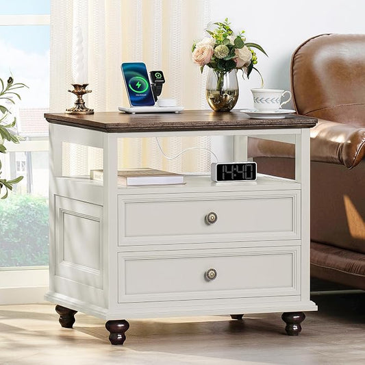 Joaxswe Farmhouse Nightstand with Charging Station, 24" Wide End Table with 2 Drawers,White Wood Dresser for Bedroom, Bed Side Table Chest of Drawers Cabinet,Night Stand for Living Room, Closet