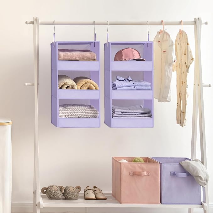 GRANNY SAYS 3-Shelf Hanging Closet Organizer, Foldable Storage, Purple | 33 lb Capacity, No-Sag Support, Keeps Clothes Neat, Folds Flat, Fits RV, Dorm & Small Closets, 2 Pack