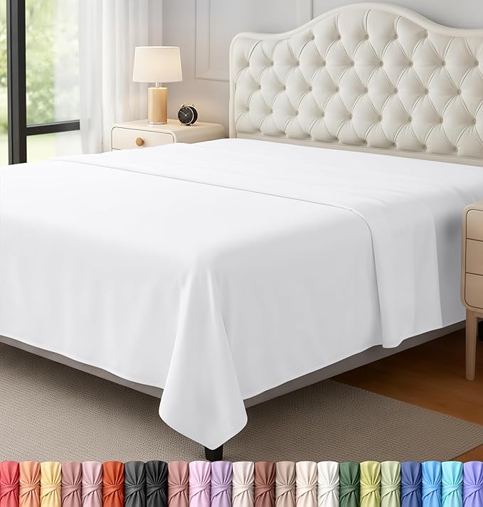 Queen Size Flat Sheet Only, Ultra Soft & Breathable Hotel Sheets, White | Hotel Bedding, Cooling Comfort, Smooth Feel, Wrinkle & Fade Resistant, Easy Care, Long-Lasting, Machine Washable, OEKO-TEX