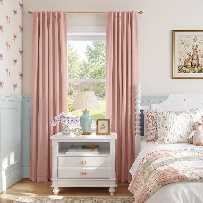 INOVADAY 100% Blackout Linen Curtains for Bedroom 50x102 Inches Blush Pink | Linen Textured, Light Blocking, Room Darkening, Thermal Insulated, Back Tab Top, Window Curtains for Living Room, 2 Panels