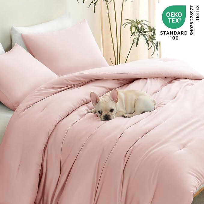 Full Comforter Set, 3 Pieces Down Alternative Bedding, Blush Pink | 270 GSM All Season Comforter with 4 Corner Ties for Use as a Duvet Insert, OEKO-TEX Certified, 2 Pillowcases, 82 x 86 in