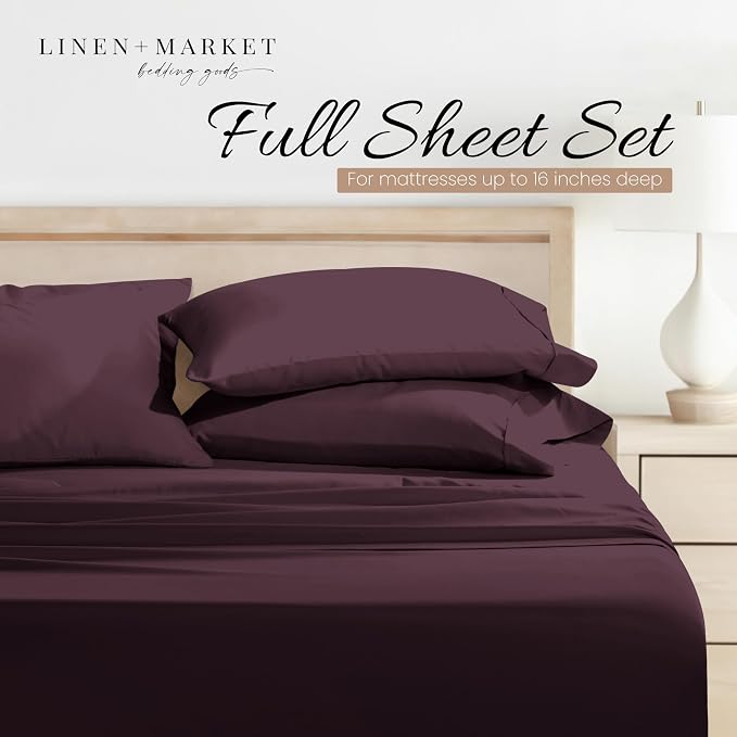 Linen Market Brushed Microfiber Full Sheet Set 4 Piece – Oeko-TEX Certified Ultra Soft & Wrinkle-Free - 16" Deep Pocket Sheets - Easy Care Full Size - Purple