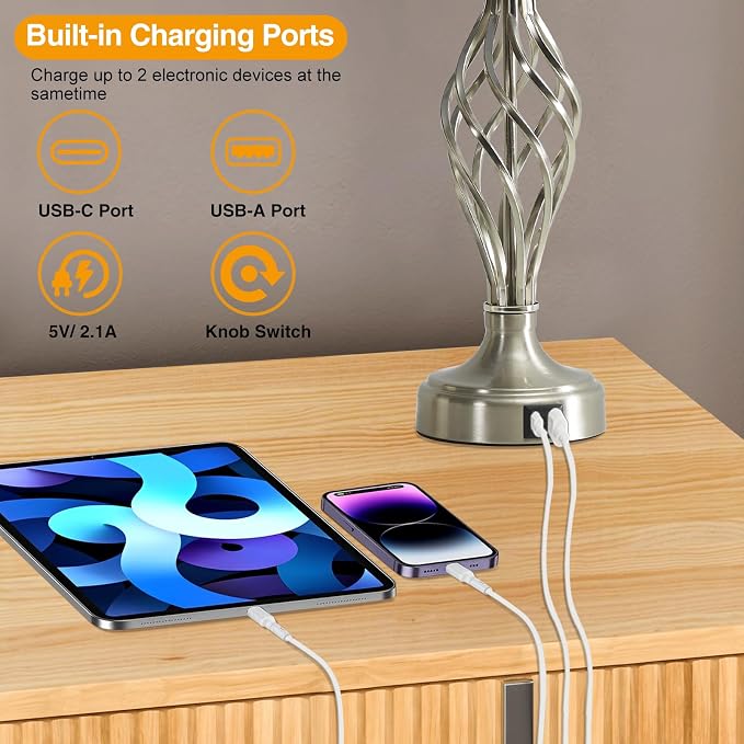 Table Lamp for Bedroom Set of 2 with USB C+A Ports,Modern Night Stand Lamps | Silver Bedside Lamps with Spiral Cage Base,Black Fabric Shade,Lamp for Living Room Reading Bed Side End Table,Bulbs Included