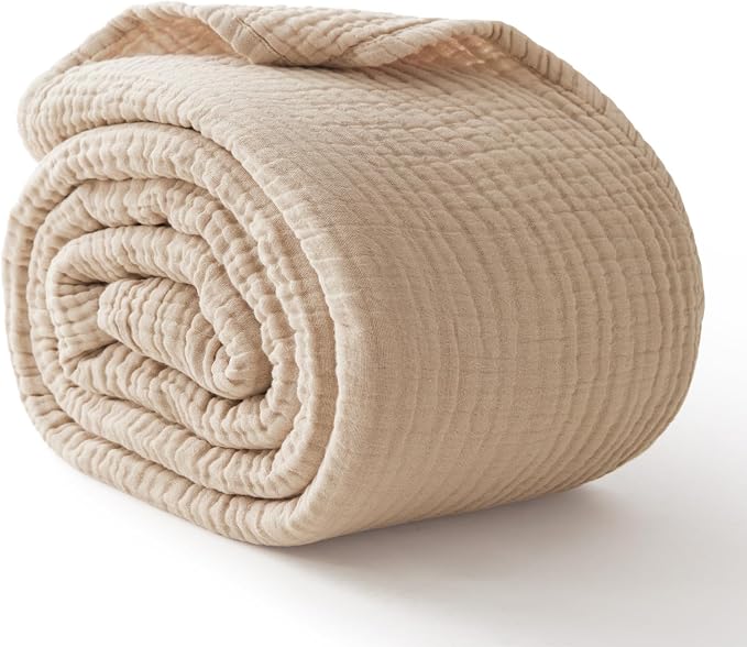100% Cotton Muslin Blanket California King 120" x 90", 6 Layers Breathable and Lightweight Oversized Blankets for Bed, Soft Cooling Gauze Blanket for Adults All Season, Beige