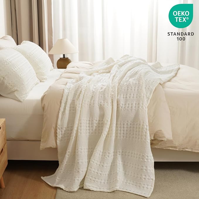 PHF Lightweight 100% Cotton Waffle Throw Blanket for Couch, Ivory | Pre-Washed Soft Cotton Comfort, Breathable Layering Warmth for Fall & Winter, Office, Travel, Sofa, Home Decor & Gifts