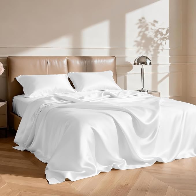 Love's cabin Full Size Satin Sheet Sets - 4 Piece White Silky Satin Sheet Set Full with Deep Pocket, Luxury Silk Feel Satin Bed Sheets Full Bedding Set (1 Flat Sheet,1 Fitted Sheet,2 Pillow Cases)