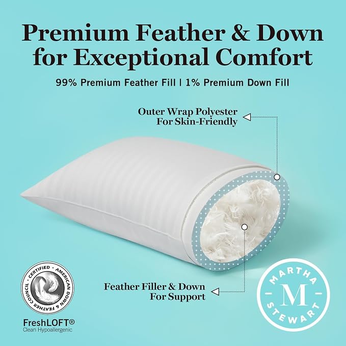 Martha Stewart Hotel Collection Pillow Queen Size Set of 2 | 500 Thread Count Damask Stripe Embroidered Feathers Soft Hypoallergenic 100% Cotton