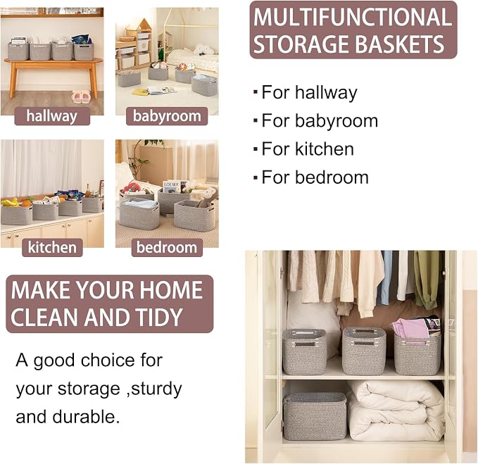 OIAHOMY 4 Pack Storage Baskets for Organizing 15L Cube Storage Bins Grey | Woven Baskets for Storage Rectangle Small Baskets With Handles Baskets for Shelves Wicker Baskets for Shelves 12.7x9x7.8inch