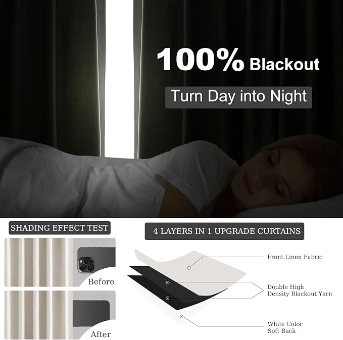 Topfinel 45 Inches Long Linen Blackout Curtains Tiers for Small Window 2 Panels Set Heat Blocking Thermal Insulated Short Drapes for Kitchen Bathroom Curtain Hook Belt Pleated Back Tab (W52 xL45)