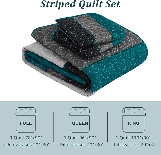 Cottolester Boho Quilt Set Queen,Striped Plaid Bedspreads Set,Peacock Blue | Lightweight Coverlets Set with 2 PillowShams,All Seasons Microfiber Quilt Bedding Sets for Bedroom Guest Room 96"x90"