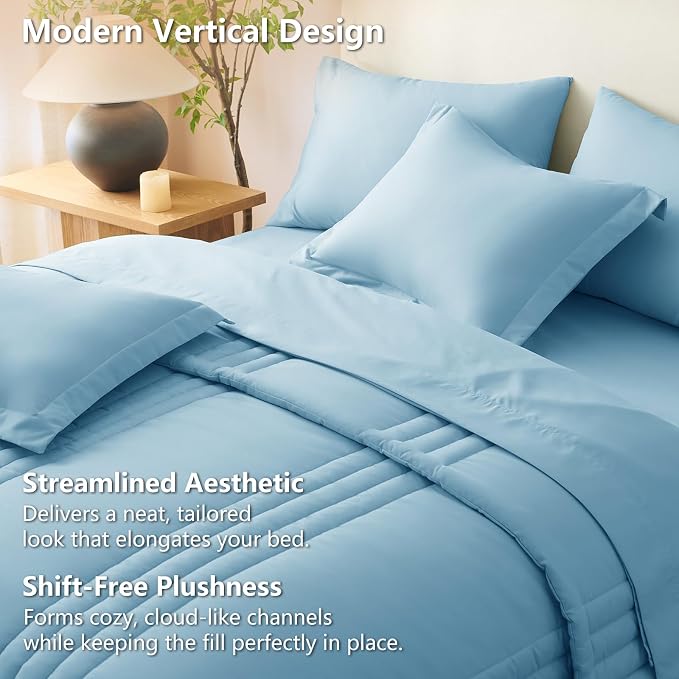 Queen Comforter Set Aqua Blue - 7 Pieces Bed in a Bag | OEKO-TEX Certified, 240GSM Down-Alternative Comforter, 14" Deep-Pocket Sheets, Shams & Pillowcases, Lightweight