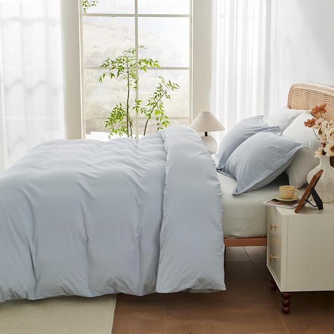 OAITE Duvet Cover Set 100% Washed Cotton Solid 3pcs | Soft,Durable,Long-staple Cotton,Hidden Zipper with 8 Interior Corner Ties,2 Pillowcases