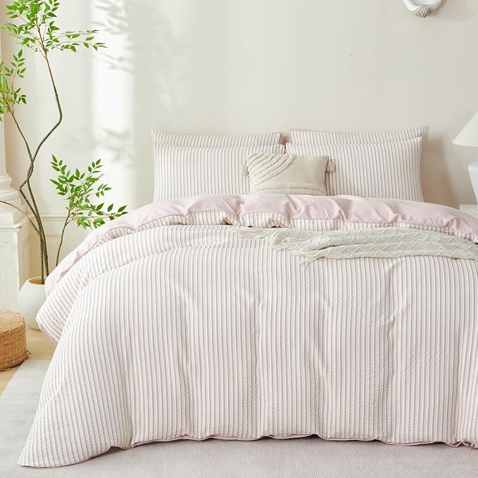 Comforter Set King Size Dusty Pink Soft Luxury Washed Microfiber Jacquard 3 Pieces Bedding Set, White Dusty Pink Vertical Ticking Stripes Comforter with 2 Pillowcases Breathable Durable Comfy