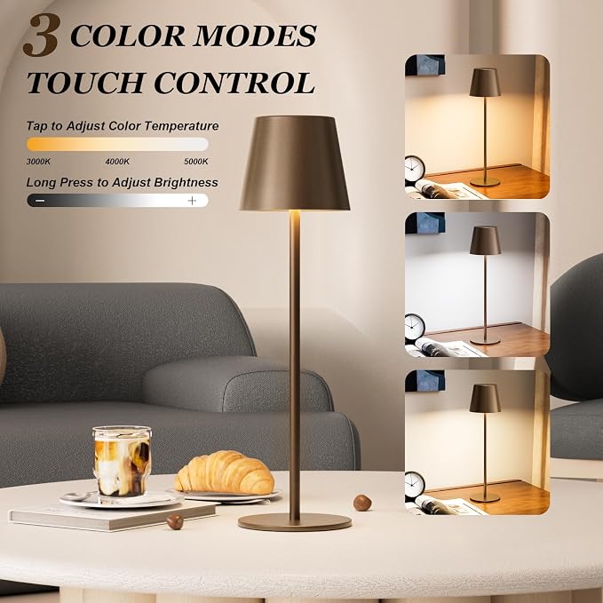 Kakanuo Brown Cordless Table Lamp Rechargeable, Battery Operated | 2 Pack 5000mAH Battery, 3 Color Stepless Dimming, for Dining Table, Kitchen Counter, Outdoor Patio, Touch Control
