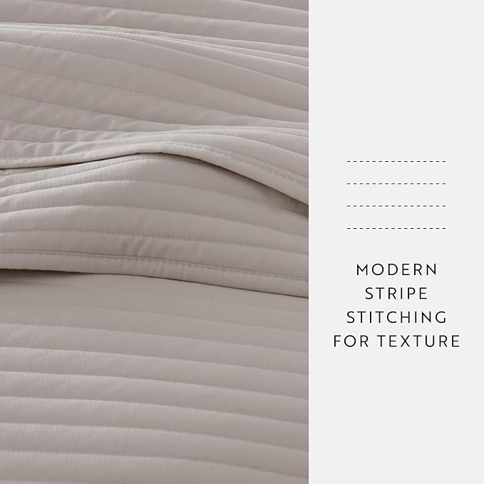 Merit Linens Modern Quilt Coverlet Soft Set in Stripe Stitching - King/Cal-King Latte