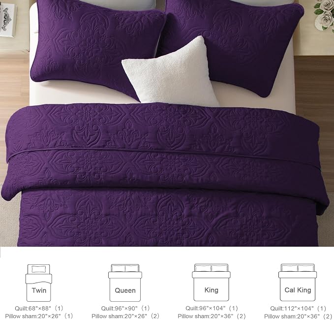 Whale Flotilla Queen Quilt Bedding Set Vintage Damask Reversible Bedspread | Suitable for Bed, 3 Pieces Purple Lightweight Breathable Quilts Queen Size, Ultrasonic Coverlet Bed Cover with 2 Pillow Shams