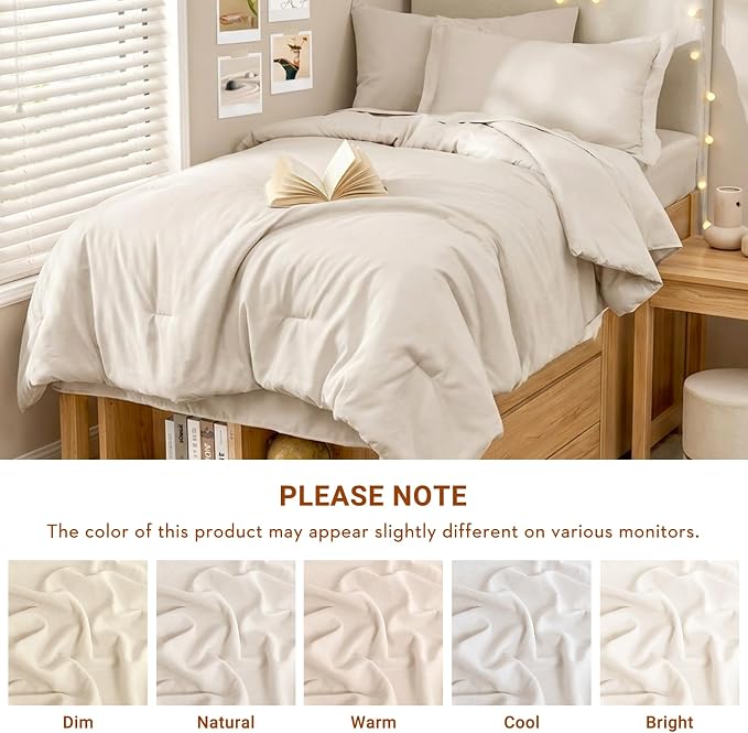 5 Pieces Twin XL Comforter Set, Soft Bed in a Bag Twin XL Size, All Season Bedding Set with Comforter, Flat Sheet, Fitted Sheet, Pillowcases & Shams, Beige