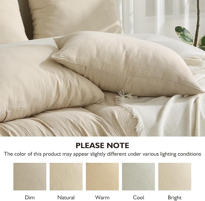 EMME Cotton Muslin Duvet Cover Set King Size Linen Like Soft Breathable Lightweight Summer Comforter Cover Set with Zipper Closure (Light Tan&White, King, 104"x90")
