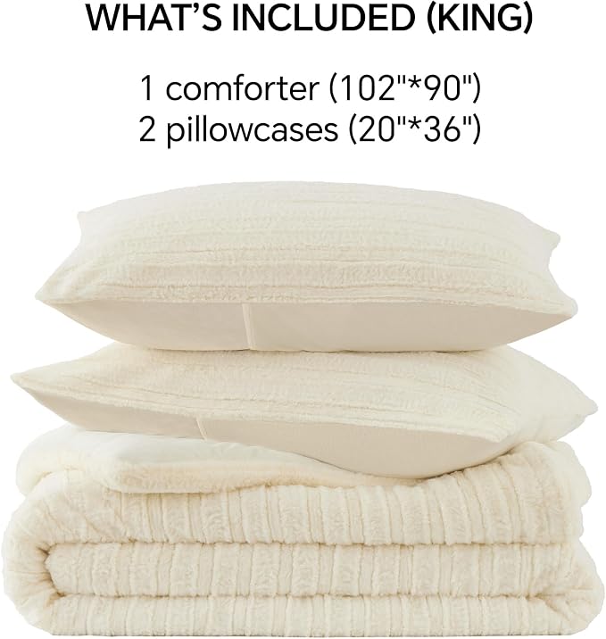 BEDELITE Faux Fur King Size Comforter Set, Fluffy Bed Set, Cream White | Super Soft & Warm, Luxury Fuzzy Cozy Comforter for Winter, Heavy Plush Bed set, with 2 Pillowcases