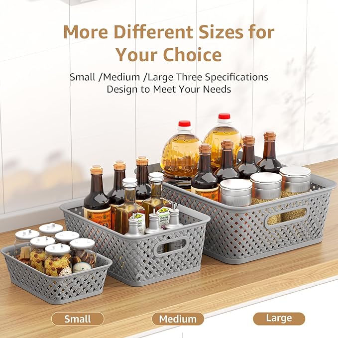 MaxGear 3 Pack Plastic Storage Baskets, Medium, Grey | Durable Woven Plastic with Built-In Handles, Suitable for Shelves, Closets, Cabinets, Bathrooms and Offices