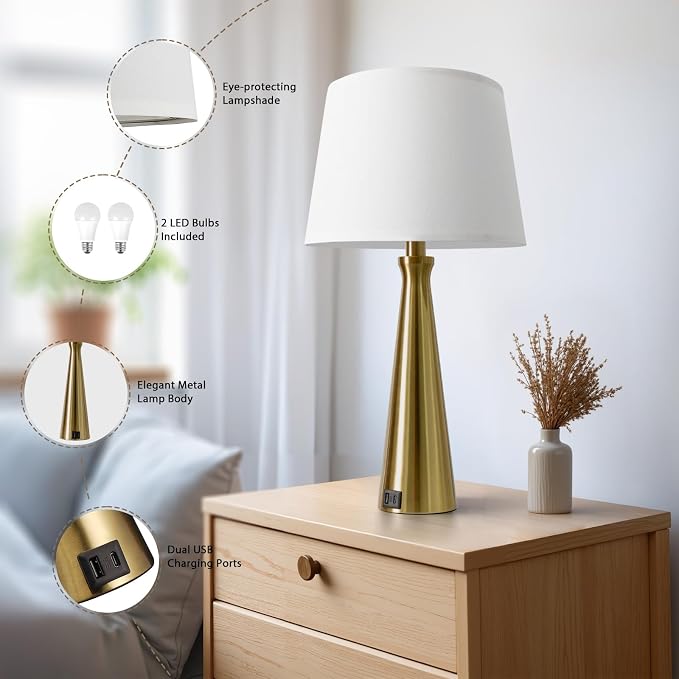 Modern Touch Lamps for Nightstand, 3 Way Dimmable Bedroom Lamp Set of 2 | USB C+A Charging Ports, Gold Bedside Lamps for Bedroom, Living Room, End Table, Bed Side, LED Bulb Included