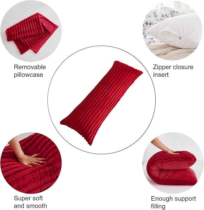 Full Body Pillow with Fluffy Stripe Faux Fur Removable Cover, 7D Fiber Fill, Long Bed Pillow for Adults 20x54 Inches for Side Sleeper and Pregnancy, Burgundy