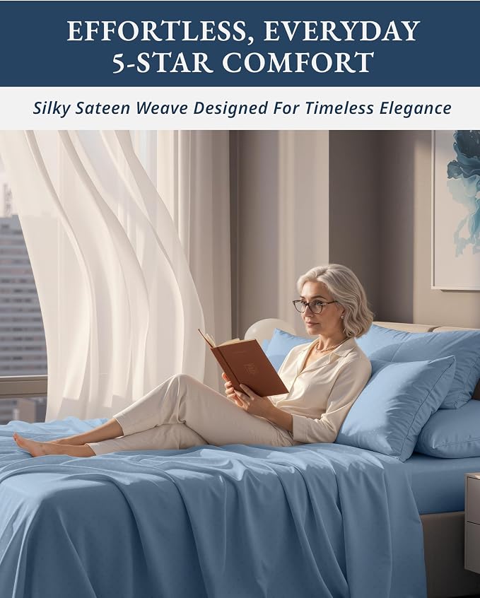 LANE LINEN Queen Bed Sheet Set 100% Egyptian Cotton Sateen - French Blue | Extra Deep Pocket Queen Sheets - 4-Piece Set, Long-Staple Egyptian Cotton, For A Cool, Restful Sleep, Luxe Sheen