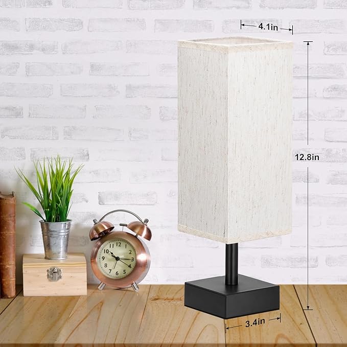 aooshine Small Bedside Table Lamp for Bedroom - Square Cream Fabric Shade | Inline Rocker Switch, Corded Electric, Bulb Not Included, 12.8" Mini Table Lamp for Nightstand, Desk, Dorm, Office