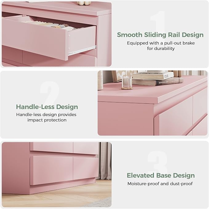 MapleGrace Modern 8 Drawer Dresser, Simply Chest of Drawers for Bedroom, Wooden Storage Dresser with Deep Drawers for Living Room/Hallway/Entryway (Pink)