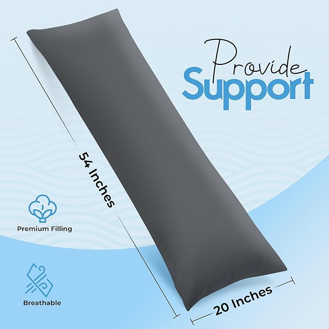 Utopia Bedding Full Body Pillow for Side Sleeper, Grey Long Pillow for Bed | Large Body pillows for Adults, Plush Support, Pregnancy Pillow Insert for sleeping, helps maintain body contour, 20x54 inches