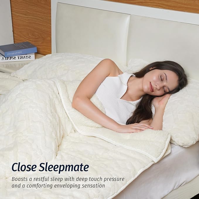 Weighted Blanket for Adults Queen Size 15 lbs 60" x 80" Cream White | Boost Sleep Quality, Relax Body & Mind, Dual Sided Soft Fuzzy Heavy Throw Blankets, Jacquard Knitted, Chunky Warm Fluffy