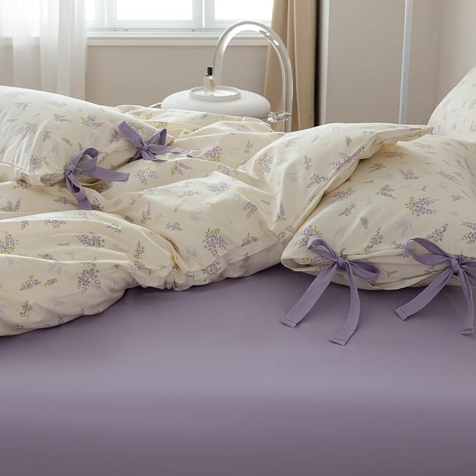 mixinni Lavender Flower Duvet Cover King Cotton Teenage Girls Flower Leaf Print 3pc Soft Cottage Ribbon Bedding Set Comforter Cover with Bowknot Pillowcase Perfect for Girls- (3pcs, King Size)