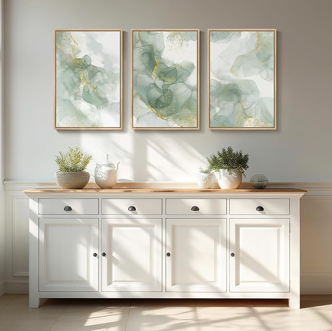 Framed Sage Green Abstract Wall Art for Bedroom, 3 Piece Set, Each 16x24 In | Green and gold pictures, Canvas prints, Modern minimalist painting, Artwork for walls, Wall decor for living room dining room