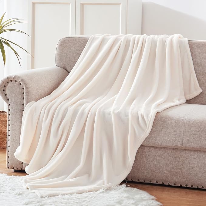 Exclusivo Mezcla Soft Large Fleece Throw Blanket for Couch, Ivory | 50x70 Inches, Double-Sided Brushed Flannel, Lightweight Plush Cozy Blanket for Home Decor, All Season, Machine Washable