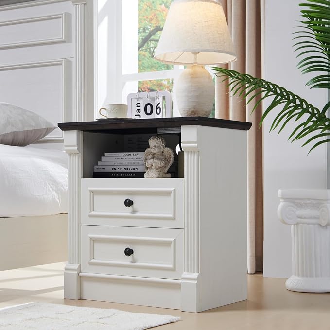 Aitjunz 26" Tall 2 Drawers Dresser for Bedroom, End Table, Antique White | Farmhouse 23.6" Wide Large Nightstand with Charging Station, Wood Rustic Side Tablew/Roman Column for Bedroom, Living Room