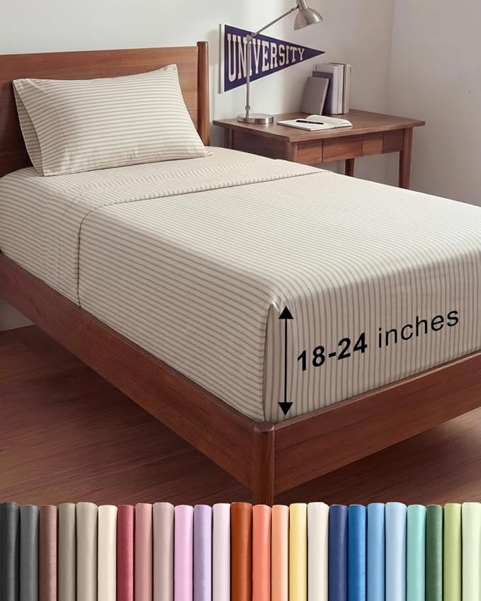 Extra Deep Twin XL Sheet Set - 3 Piece College Dorm Room - Beige Stripes | Soft, Breathable & Cooling, Easily Fits 18 to 24 inch Mattress, Wrinkle Free & Fade Resistant with Extra Deep Pockets
