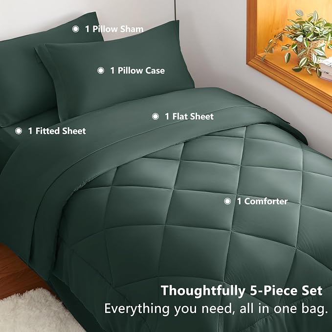 Twin XL Comforter Set Forest Green - 5 Pieces Complete Bedding Set | College Dorm Essentials, OEKO-TEX Certified, All Season, 240GSM Down-Alternative Comforter, Sheets, Pillowcase & Sham