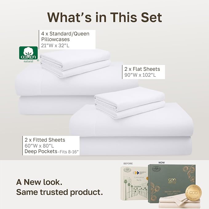 California Design Den 2 Pack 600 Thread Count Cotton Bed Sheets Queen Set | 100% Cotton Sateen Backed by Good Housekeeping Seal, Soft & Smooth, 16" Deep Pocket, All-Around Elastic - Bright White