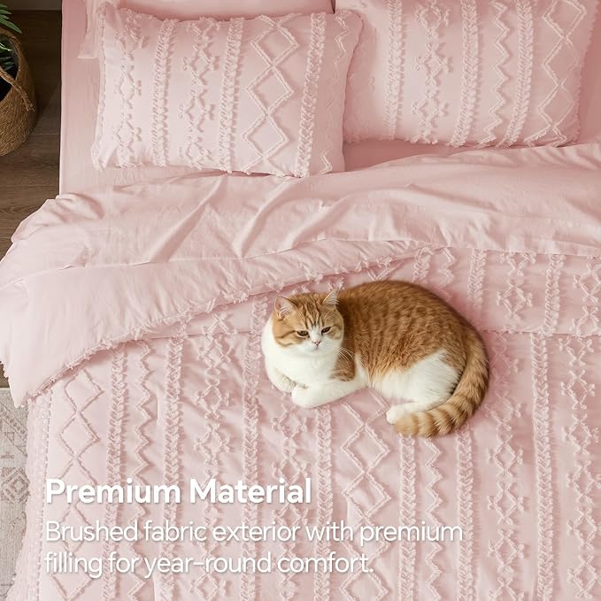 BEDELITE Queen Comforter Set 7 Pieces,Boho Bed in a Bag,Pink | Tufted Bed Set for All Seasons,Soft Farmhouse-Style Embroidery Bedding,Includes Flat & Fitted Sheets,2 Pillowcases & 2 Shams
