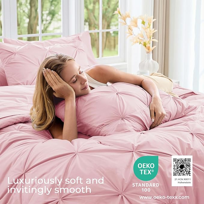 Sasttie Oversized King Comforter Set, 7-Piece Bed in a Bag, Pintuck Bedding Sets for All Season, Includes Comforter, Flat Sheet, Fitted Sheet, Pillowcases and Pillowshams, Baby Pink