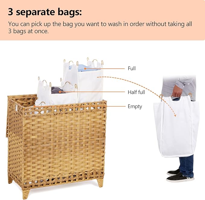 Laundry Hamper with 3 Removable Liner Bags, 132L Laundry Sorter with Lid | Raised Feet; Side Carry Handles; Handwoven PP Rattan; Rust-Resistant Iron Frame; Decorative Woven Design