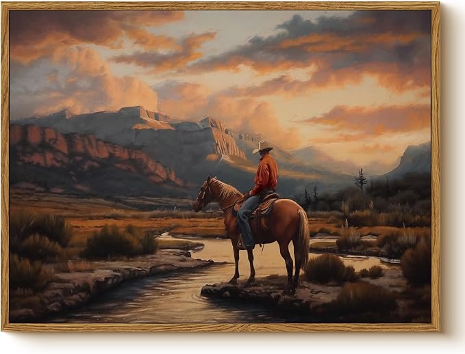 Western Cowboy Framed Canvas Wall Art 12x16 Inch, Horse Rider at Sunset Print Rustic Mountain Landscape Painting, American West Country Home Office Bedroom Wall Decor