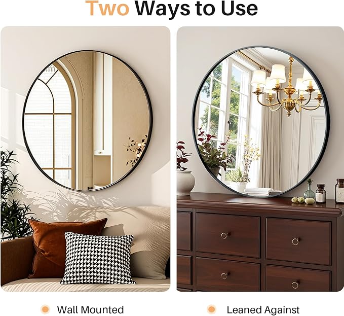 Bathroom Mirror for Wall, 24 Inch Round Mirrors | Circle Vanity Mirror for Bathroom Bedroom Living Room Entryway, Anti-Rust, Tempered Glass, Hanging or Leaning