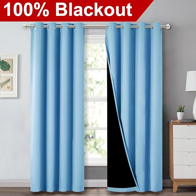 NICETOWN Blue Blackout Curtains for Baby Room 52" Wide x 84" Long 2 Panels | 100% Blackout Energy Smart Noise Blocking Drapes for Guest Room Bedroom, Thermal Insulated Lined Window Dressing Home Decor