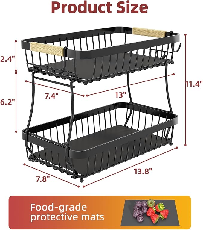 Sevenblue 2-Tier Fruit Basket with Banana Hangers, Detachable Metal Bowl | Wooden handle, protective mats included. Versatile holder for bread, snacks, and veggies. Large 2 tier metal design.