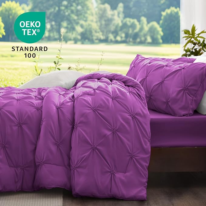 BEDELITE Twin Comforter Set Purple,Lightweight & Soft Comforter | Pintuck Boho Bedding, Warm & Cute Bed Set for All Season,With 1 Pillowcase
