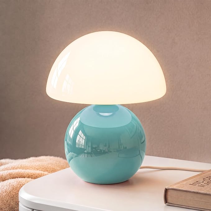 Mushroom Lamp Table Lamp for Bedroom-Small Desk Table Lamps,Blue | 8.7" Mid Century Modern Table Lamps for Living Room Bedroom Decor,Cute Ceramic Lamps for Mushroom Home Room Decor,Glass Shade